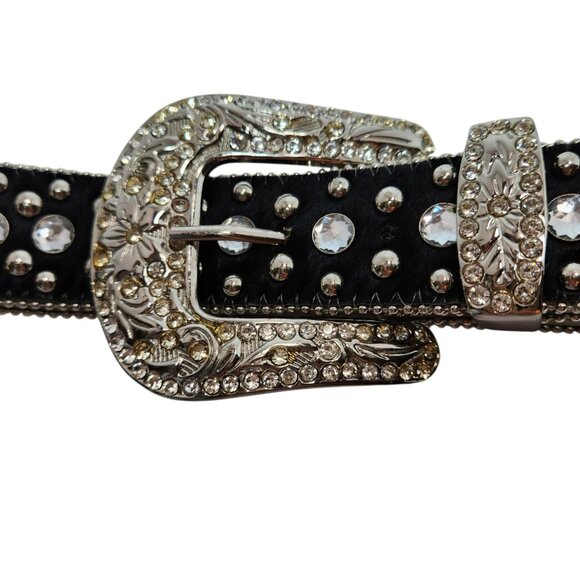 Vintage BHW Women's Black Leather Western Belt Silver Bling Accents Sz Medium - Picture 5 of 13